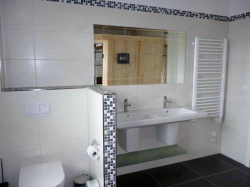a bathroom with a sink and a toilet and a mirror at Ankerhaus mit Sauna und Kamin in Karlshagen