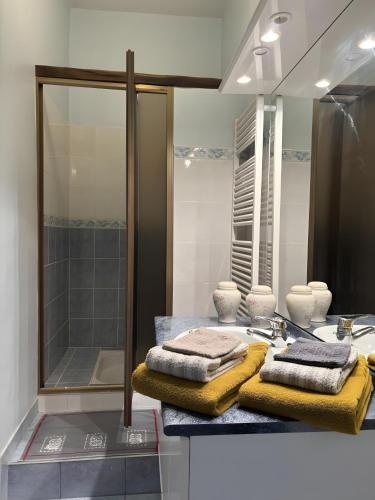 a bathroom with a sink and a shower and towels at Chambre D'hôte - Le Chalêt in Ygrande