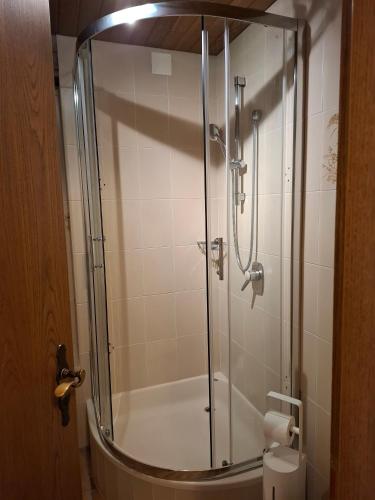 a shower stall in a bathroom with a toilet at Fewo Schwarz in Ettenheim