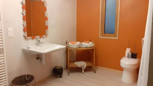 a bathroom with a sink and a toilet at Gite La Grange De Loey in Méallet