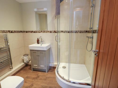 a bathroom with a shower and a toilet and a sink at Chapel House in Llantrisant