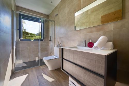 a bathroom with a sink and a shower at Basque Haven by Fidalsa in Zeanuri