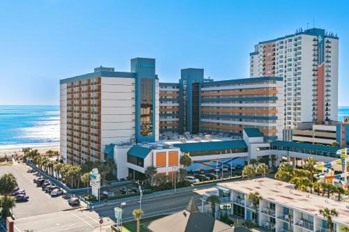 an aerial view of a city with the ocean at Landmark Resort Ocean View Beach Pools Villa in Myrtle Beach