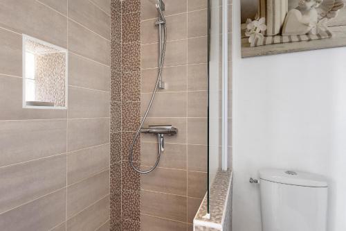 a bathroom with a shower with a toilet at Petit gîte bleu jusqu'à 4 personnes in Huillé