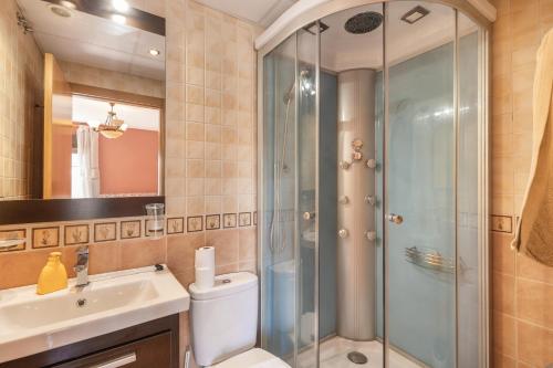 a bathroom with a shower and a toilet and a sink at El Rellano in Maluenda