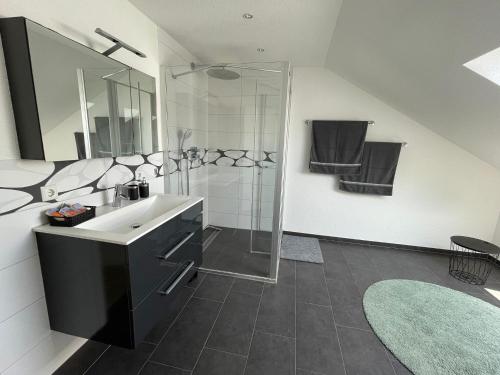 a bathroom with a sink and a shower at Hegaublick in Stockach