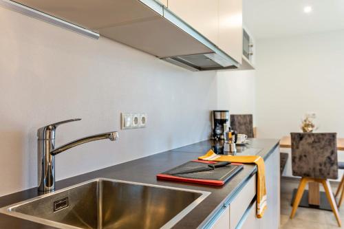 a kitchen with a sink and a counter top at Aster Moments Apt Moritz in San Genesio Atesino