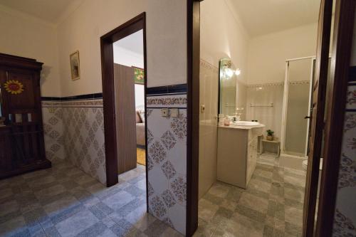 a bathroom with a shower and a sink at Casa Pedra da Paciência in Monsanto