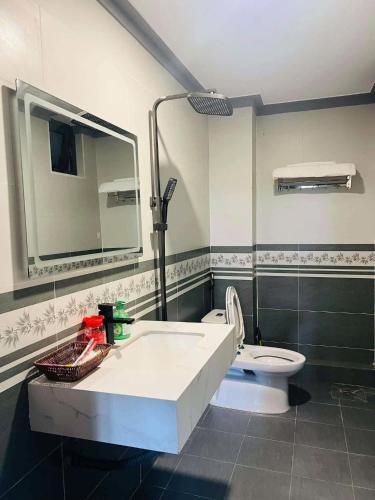 a bathroom with a sink and a toilet and a mirror at Sam's homestay in Ấp Bình Hưng