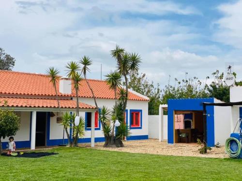 a house with blue and white walls and palm trees at Baobab Moz Lodge in Adail