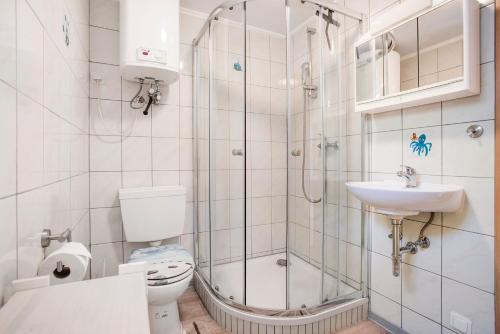 a bathroom with a shower and a toilet and a sink at Bungalow Mary Ann, Bgl 25 in Dranske