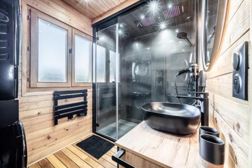 a bathroom with a sink and a shower at Chalet Des Charmes in Thollon