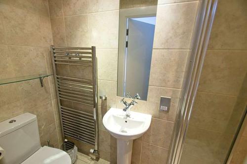 a bathroom with a sink and a toilet and a mirror at 6 Little Beach in Woolacombe