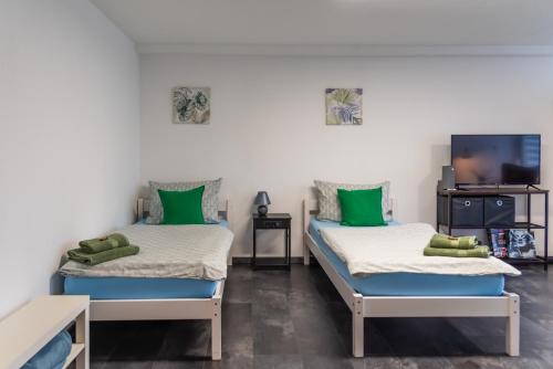 two beds with green pillows in a room at Ferienwohnung Morgentau in Germersheim