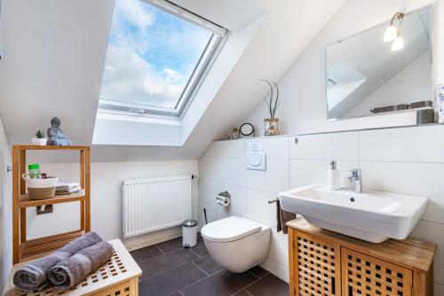 a bathroom with a sink toilet and a skylight at Ferienwohnung Hobmaier in Forstern