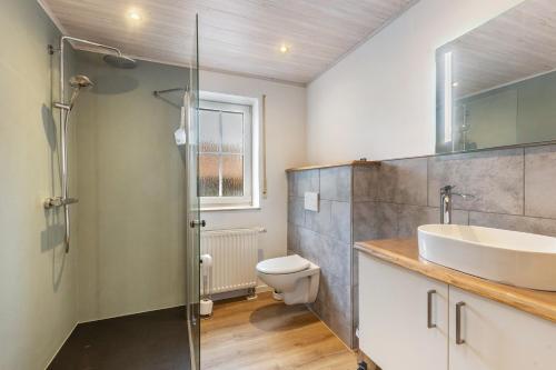 a bathroom with a sink and a toilet at Ferienwohnung Schönhals in Herbstein