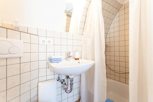 a bathroom with a sink and a shower at Ferienwohnung Mengeler in Freiburg im Breisgau