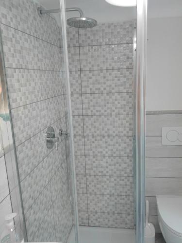 a bathroom with a glass shower with a toilet at bilocale con il mare dentro in Bonassola