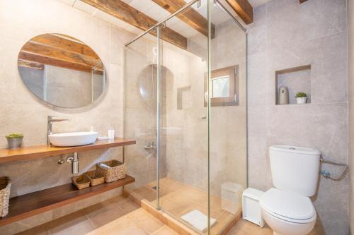 a bathroom with a shower and a toilet and a sink at Can Negri - Almadraba in El Port
