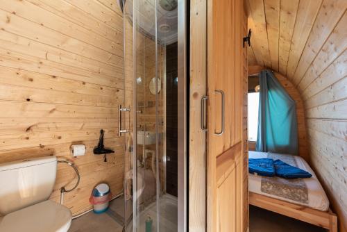 a small bathroom with a shower and a toilet at Terre di Tusa in Tusa
