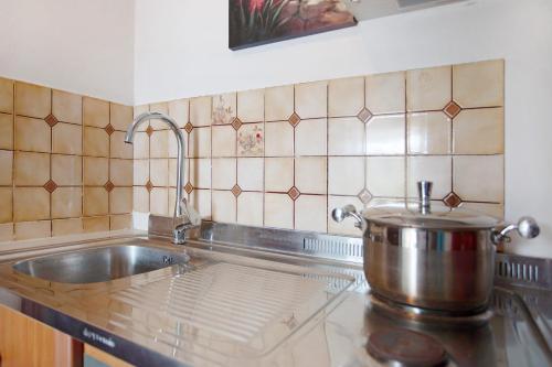 a kitchen with a sink and a large pot at Areti Orfeas Budget Studio in Vasilikos