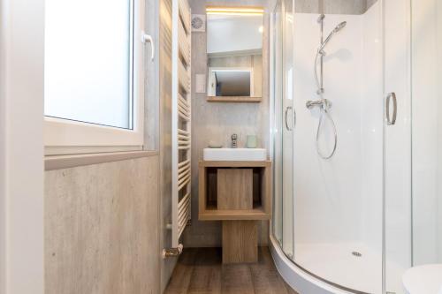 a bathroom with a sink and a shower at Haus Laura in Untergriesbach