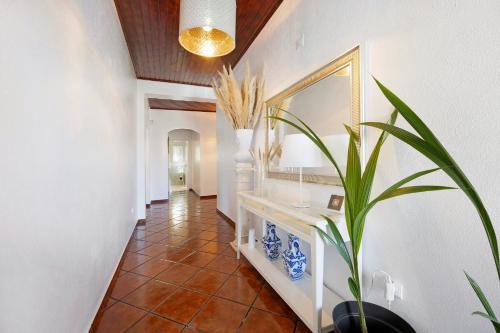 a hallway with a mirror and a potted plant at Villa Oliveira in Aljezur