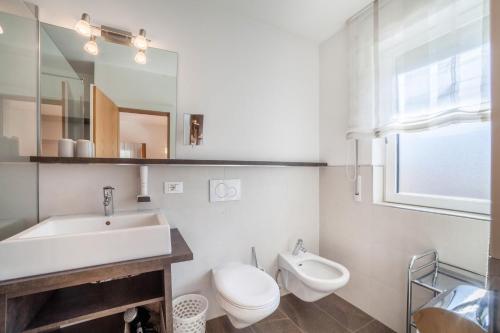 a bathroom with a sink and a toilet and a mirror at Schnitzer Ferienwohnung Hagebutte in Rablà