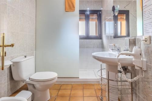 a bathroom with a toilet and a sink and a shower at Can Mestrehumà in Bas
