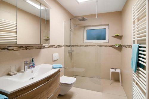 a bathroom with a sink and a shower and a toilet at Aida in Überlingen