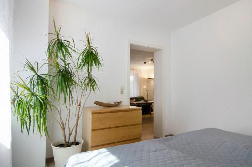 ein Schlafzimmer mit zwei Topfpflanzen und einer Kommode in der Unterkunft Renner in Daisendorf