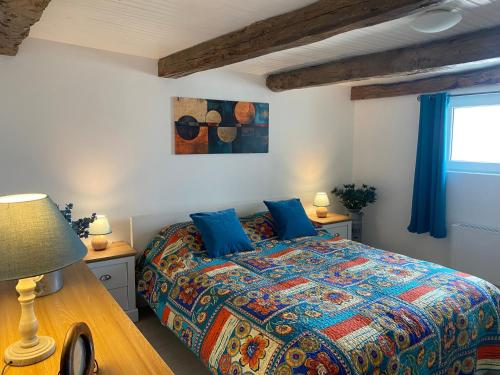 a bedroom with a bed with blue pillows at La petite Cocotte in Marcheseuil