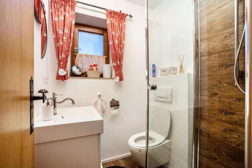 a bathroom with a toilet and a sink and a shower at Fewo in Urspring am Lechstausee in Steingädele