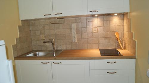 a kitchen with a sink and a tiled wall at VilaFėja Private courtyard house in Palanga