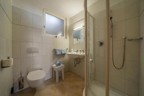 a bathroom with a shower and a toilet and a sink at Ferienwohnung Kratzberg Edelweiss in Avelengo