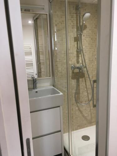 a white bathroom with a shower and a sink at Maison St Ringo cozy apartment in Lyon