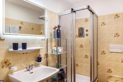 a bathroom with a sink and a shower at Aschaubichl - Wohnung Alpenrose in Grainau