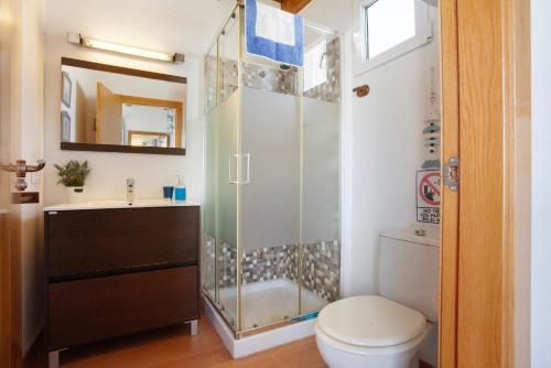 a bathroom with a shower and a toilet and a sink at Vista Tostón in El Cotillo