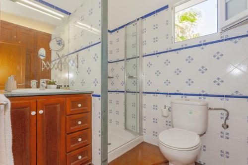 a bathroom with a toilet and a shower at Aloes in Sa Caleta