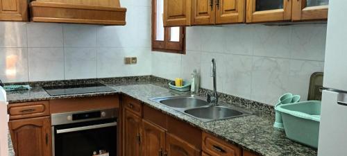 a kitchen with wooden cabinets and a sink at Marina in Lleida