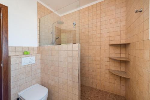 a bathroom with a toilet and a shower at Can Fiol in Portocolom