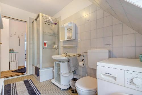 ein Badezimmer mit Toilette, Waschbecken und Dusche in der Unterkunft Rode in Faßberg