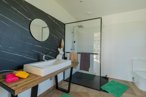 a bathroom with a sink and a mirror at Gîte Le Nid Des Prés in Cressy