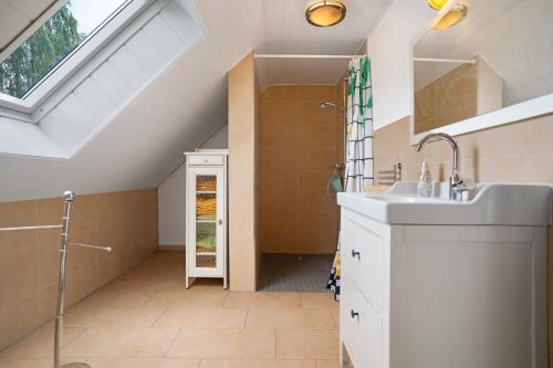 a bathroom with a sink and a shower at Storchensommer in Blankensee