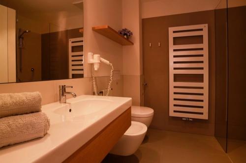 a bathroom with a sink and a toilet and a mirror at Rosengartnerhof Apt Maultasch in Terlano