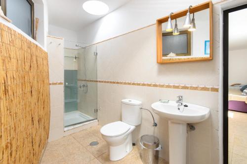 a bathroom with a toilet and a sink and a mirror at Famara Beach Apt in Famara