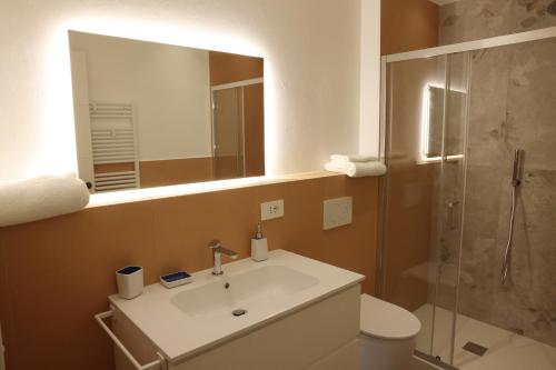 a bathroom with a sink and a shower with a mirror at Appartamento Torricelli in Fossombrone