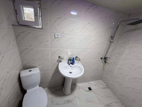 a white bathroom with a toilet and a sink at Ortabatumis house in Ch'aisubani