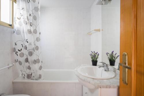 a bathroom with a sink and a bath tub with a shower curtain at Jardín X in Gandía