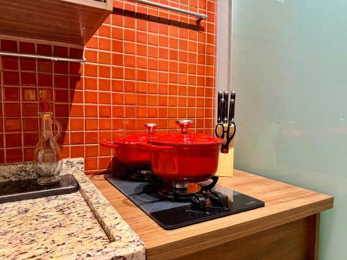 a large red pot on a stove in a kitchen at Central Duplex Loft Near USP in São Carlos